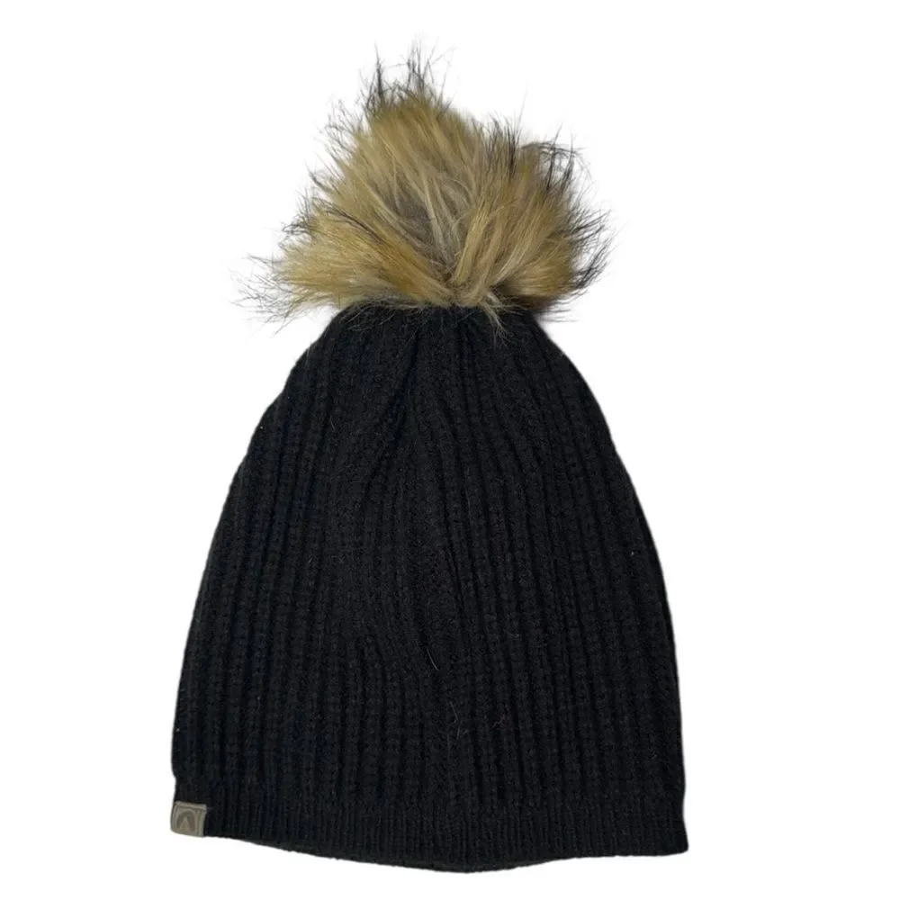 Buffalo Black Knit Pom-Pom Beanie with Brown Patch. One size.